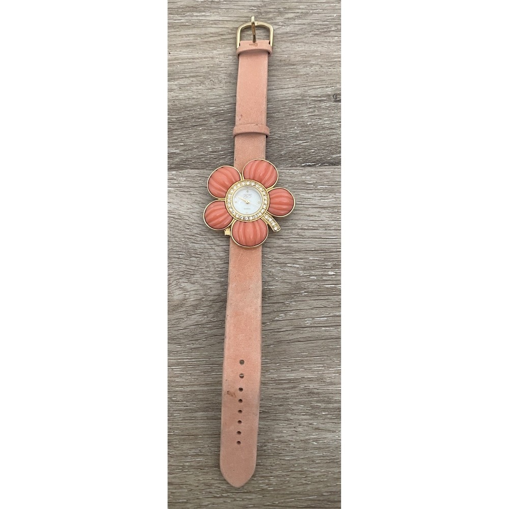 Suzanne Somers Watch, Coral Flower CZ/Crystals Quartz, Coral, Leather Band